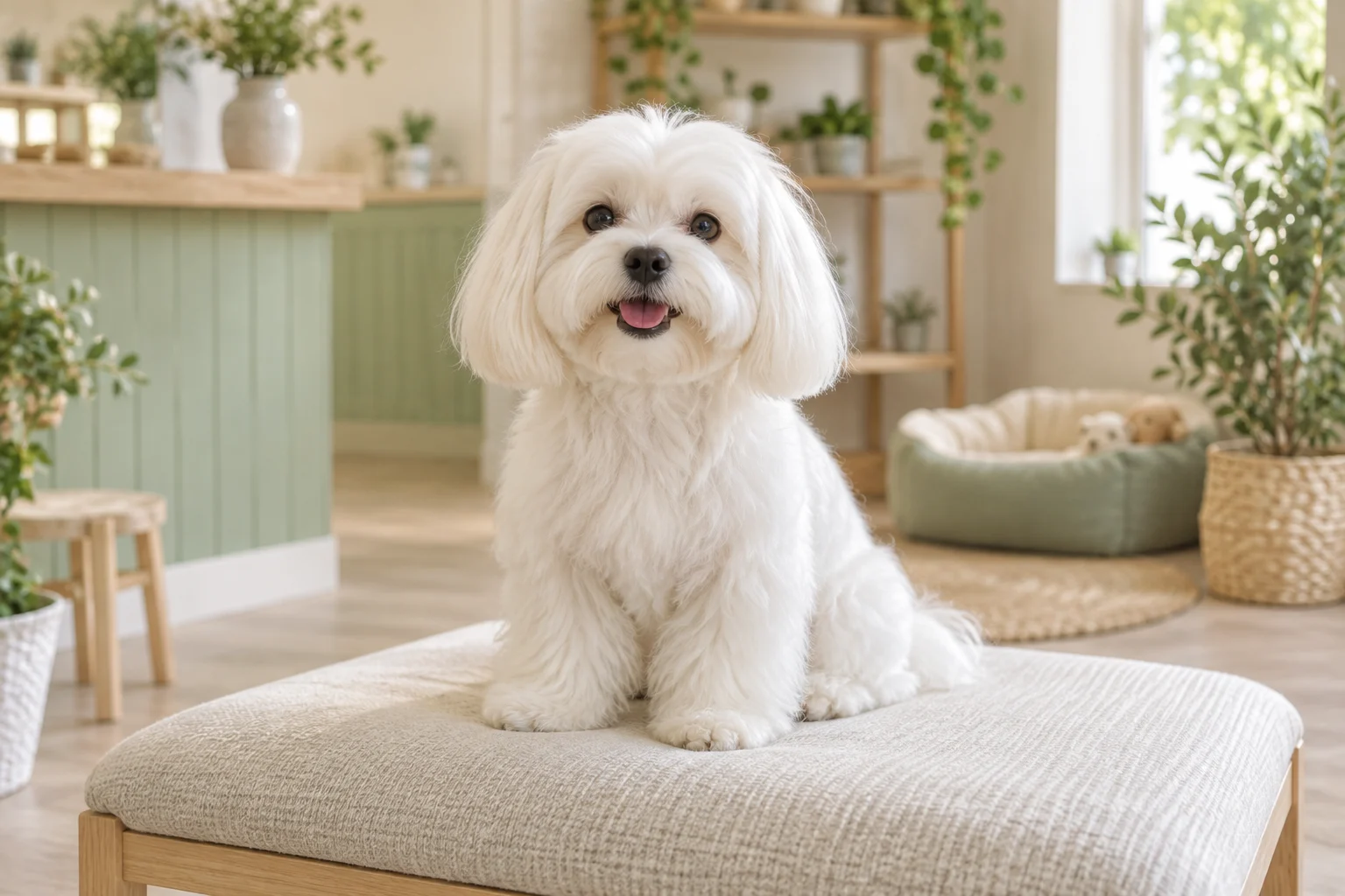 顔まわりと体の毛を整えた白い犬のスタイルイメージ