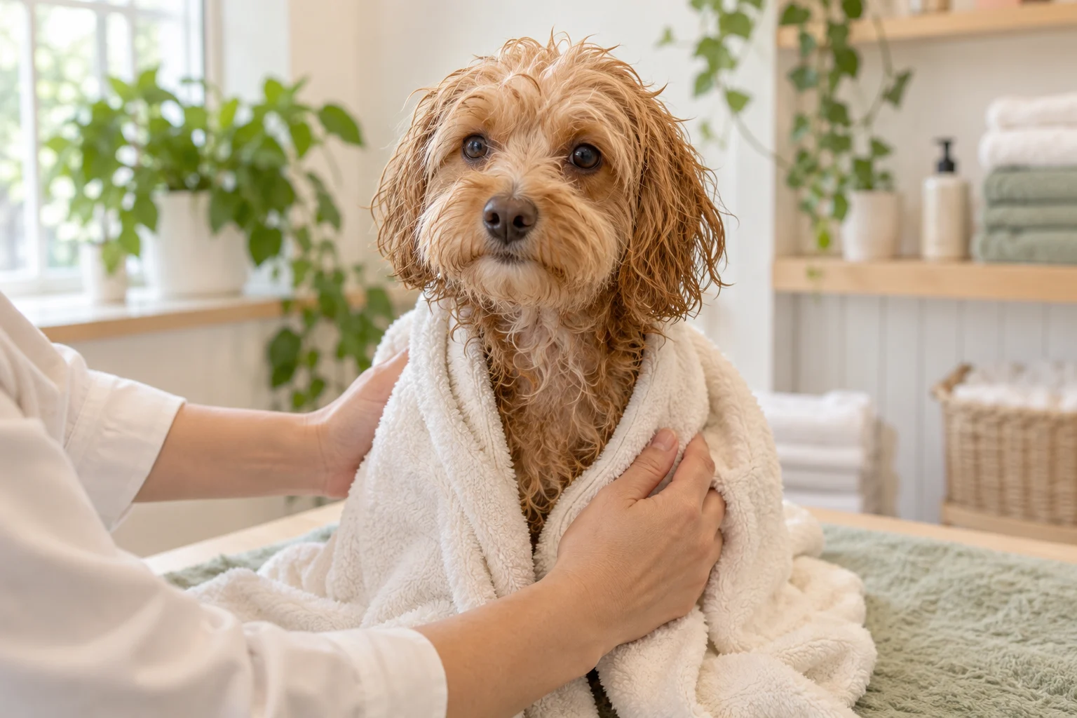 タオルで犬を包んでいるお手入れのイメージ