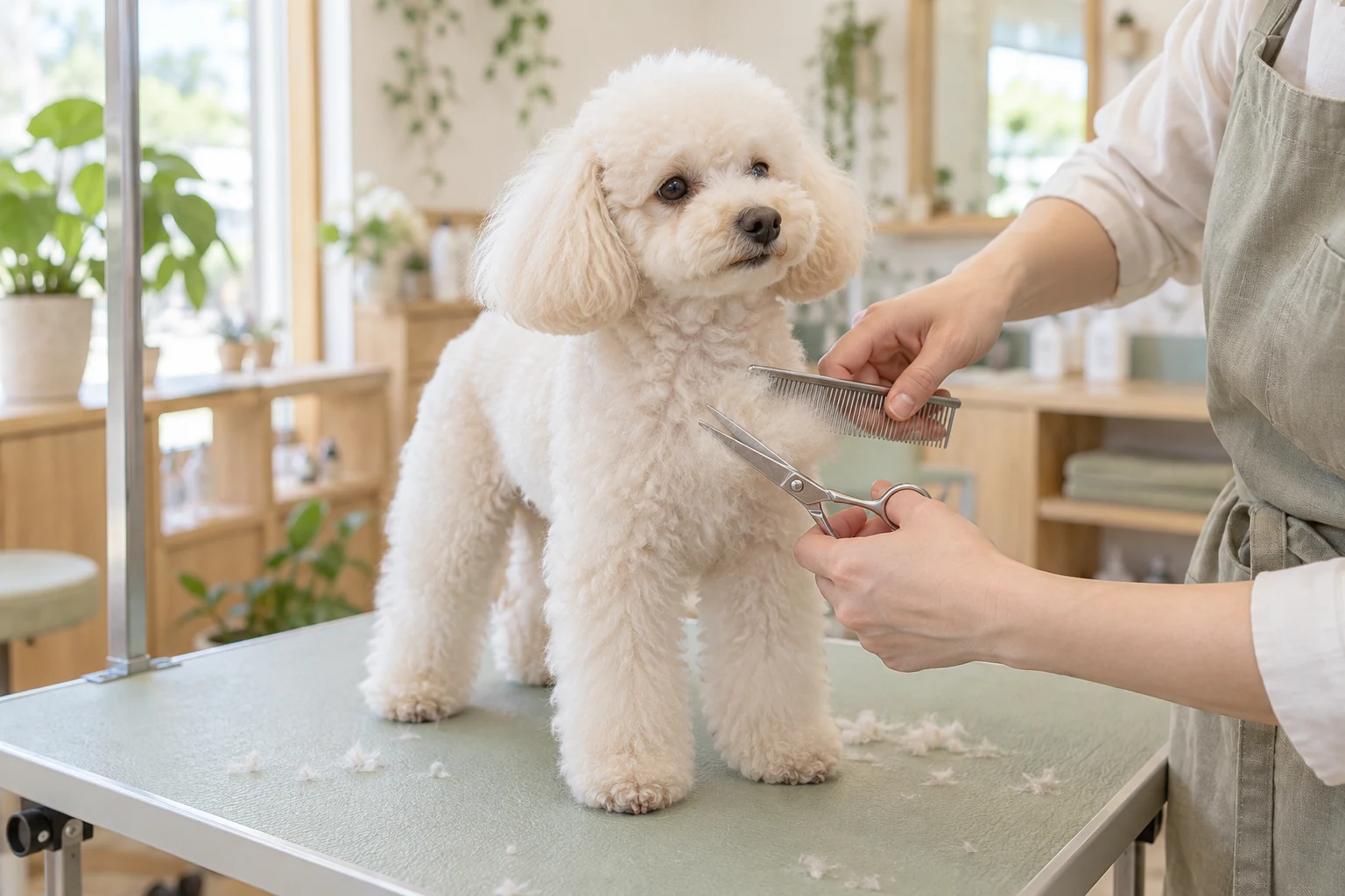 トリマーがコームとはさみで白い犬の毛を整えている施術イメージ